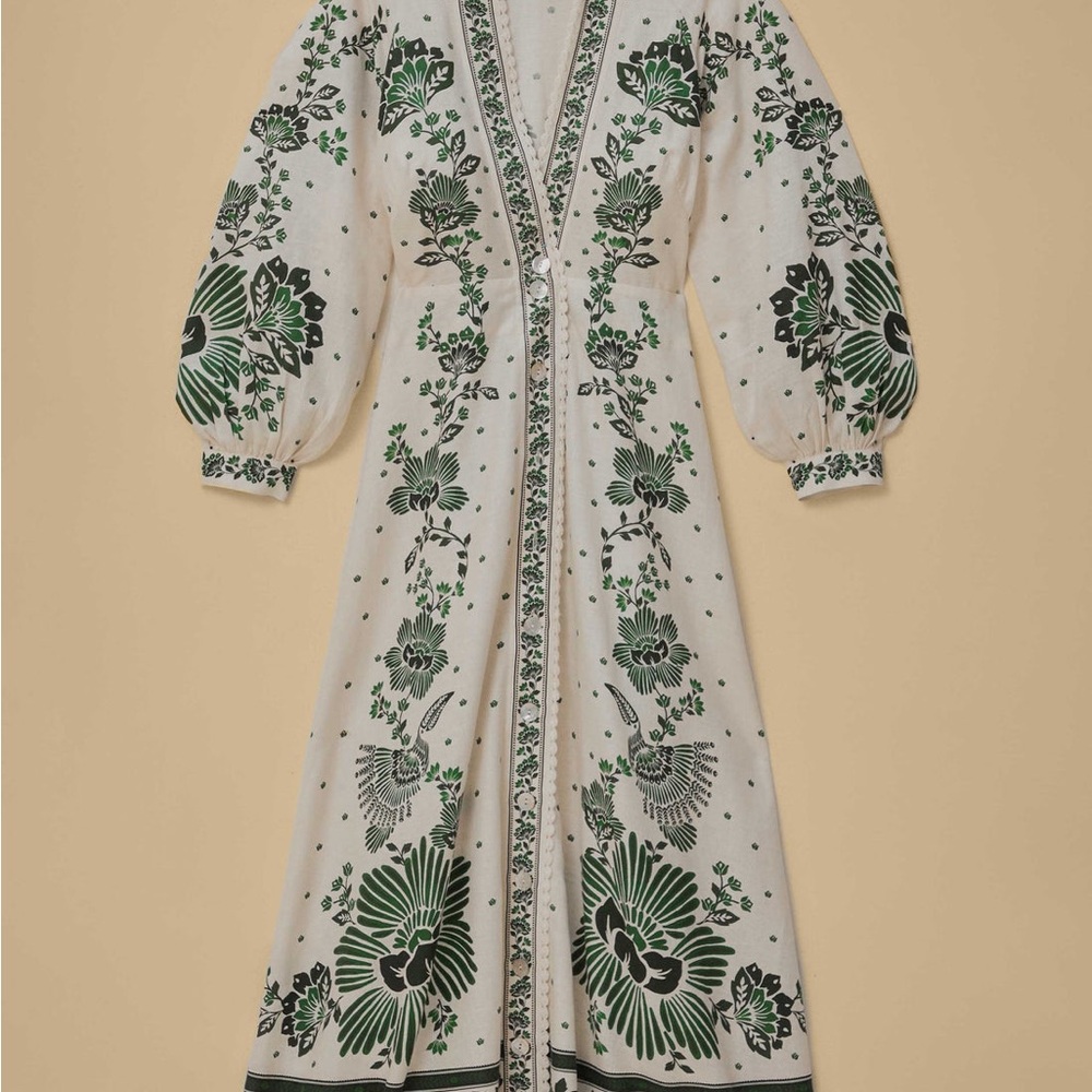 FARM Rio Forest Soul Cream and Green Floral Long Sleeve Dress Size Medium NWT
